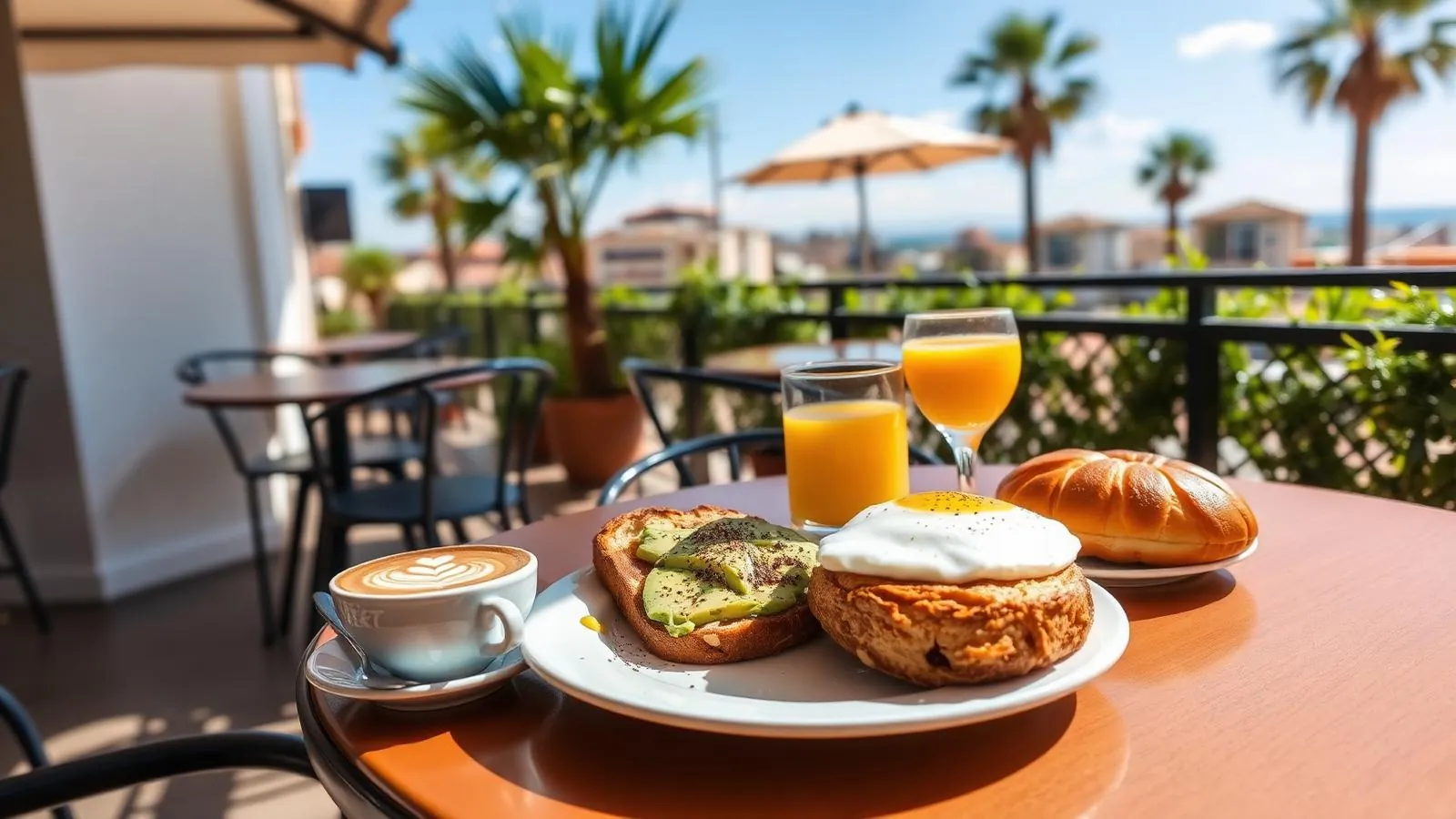 Frühstückstisch auf der Terrasse eines Cafés in Palma mit Kaffee, Obst und Gebäck