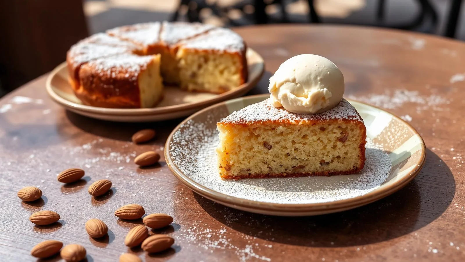 Gató de ametlla, der mallorquinische Mandelkuchen, mit einer Kugel Mandeleis.