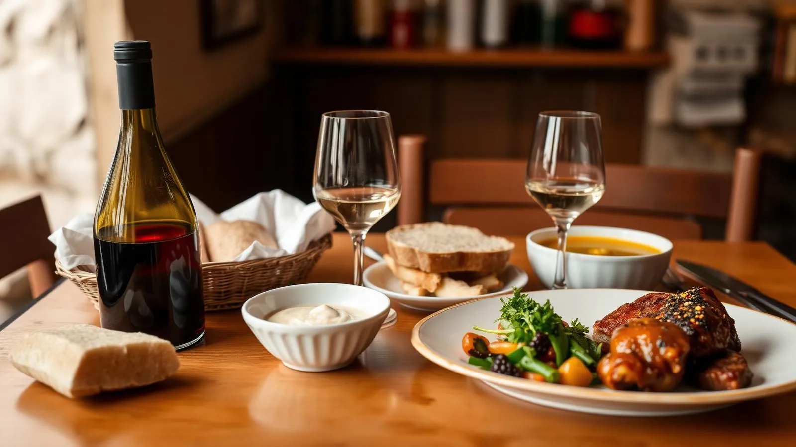 Menú del Día mit mehreren Gängen, Brot und Wein in einem einfachen Lokal auf Mallorca