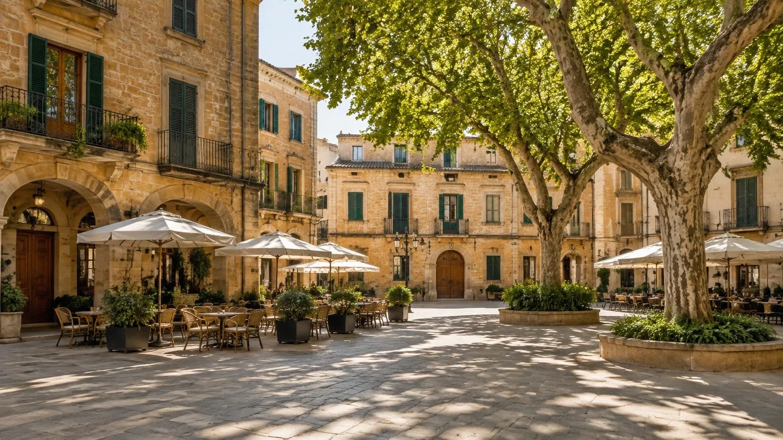 Altstadtplatz von Inca auf Mallorca mit Sandsteinhäusern, grünen Fensterläden, Platanen und Caféterrassen