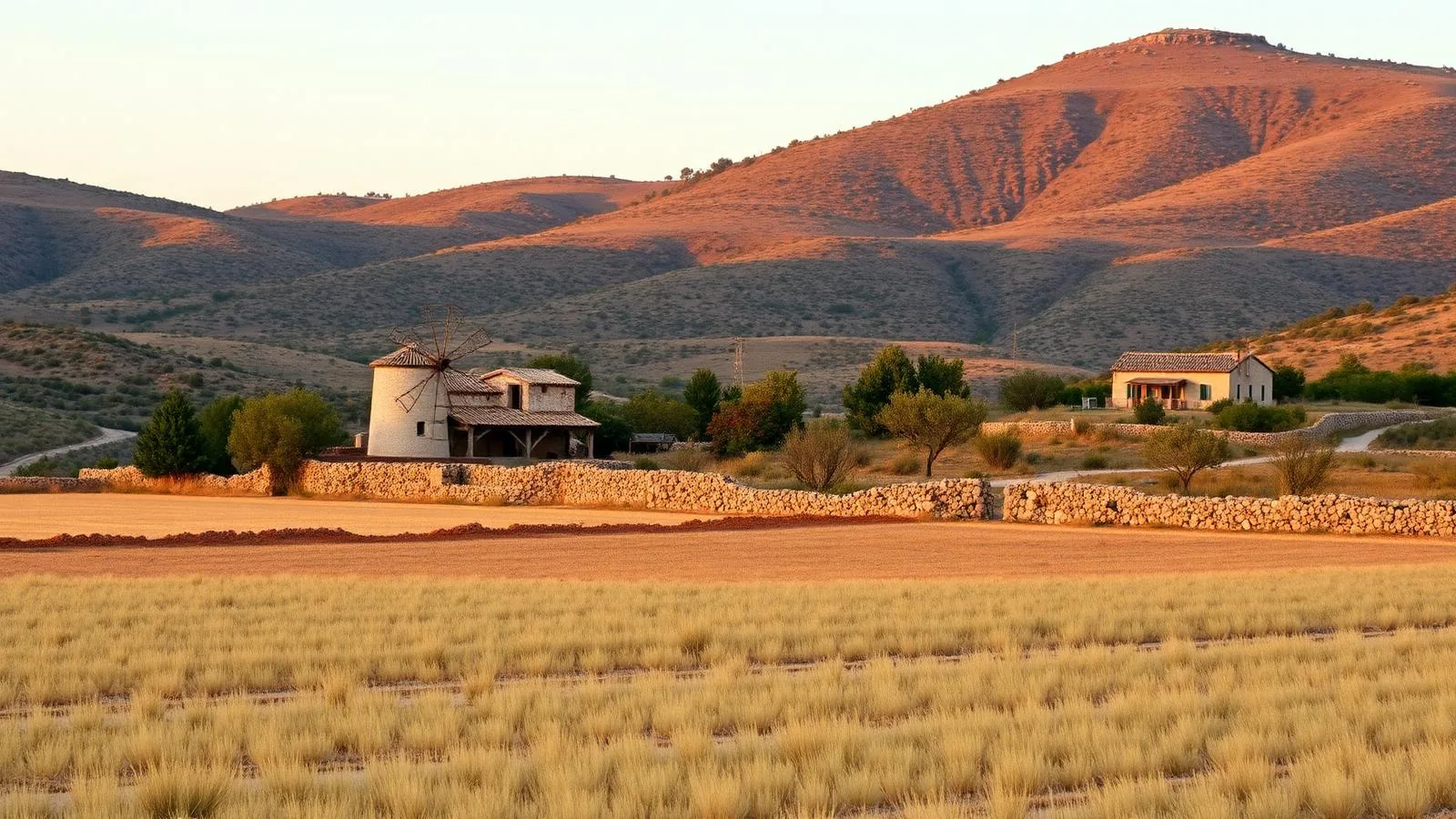 Ebene Es Pla im Inselinneren Mallorcas mit alter Windmühle, Trockenmauern und Finca im Abendlicht