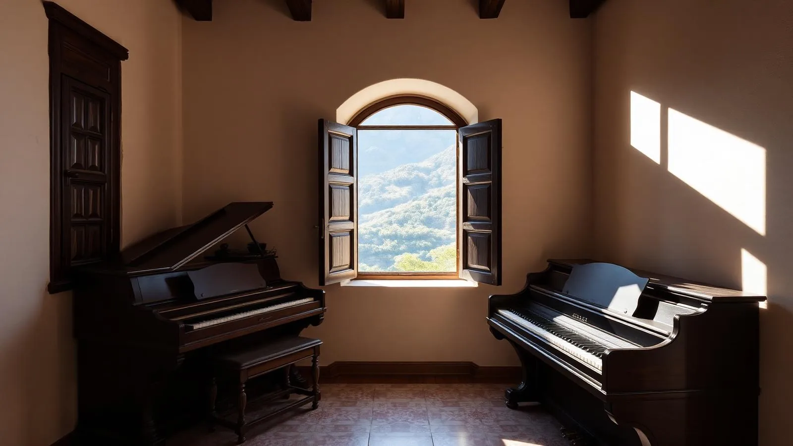 Chopin-Zelle mit historischem Klavier in der Kartause von Valldemossa auf Mallorca.