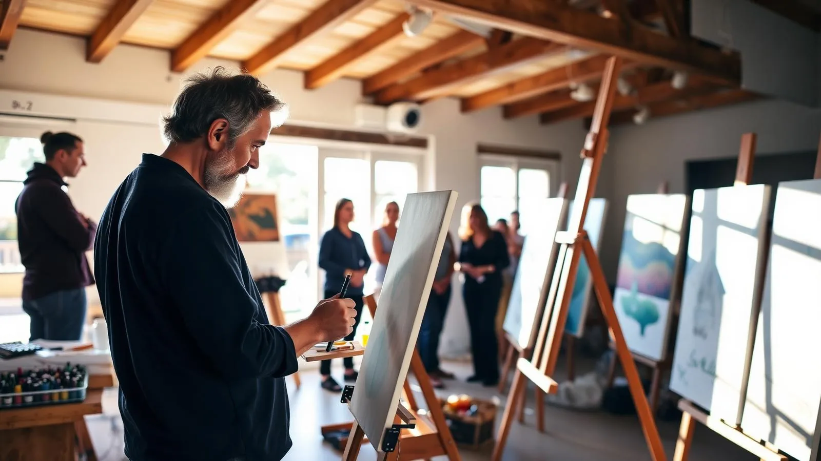 Künstler bei der Arbeit in einem offenen Atelier während eines Open-Studio-Events auf Mallorca.