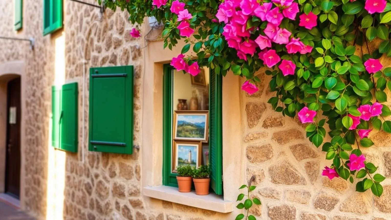Galerie in einer Steingasse im Künstlerdorf Deià auf Mallorca.