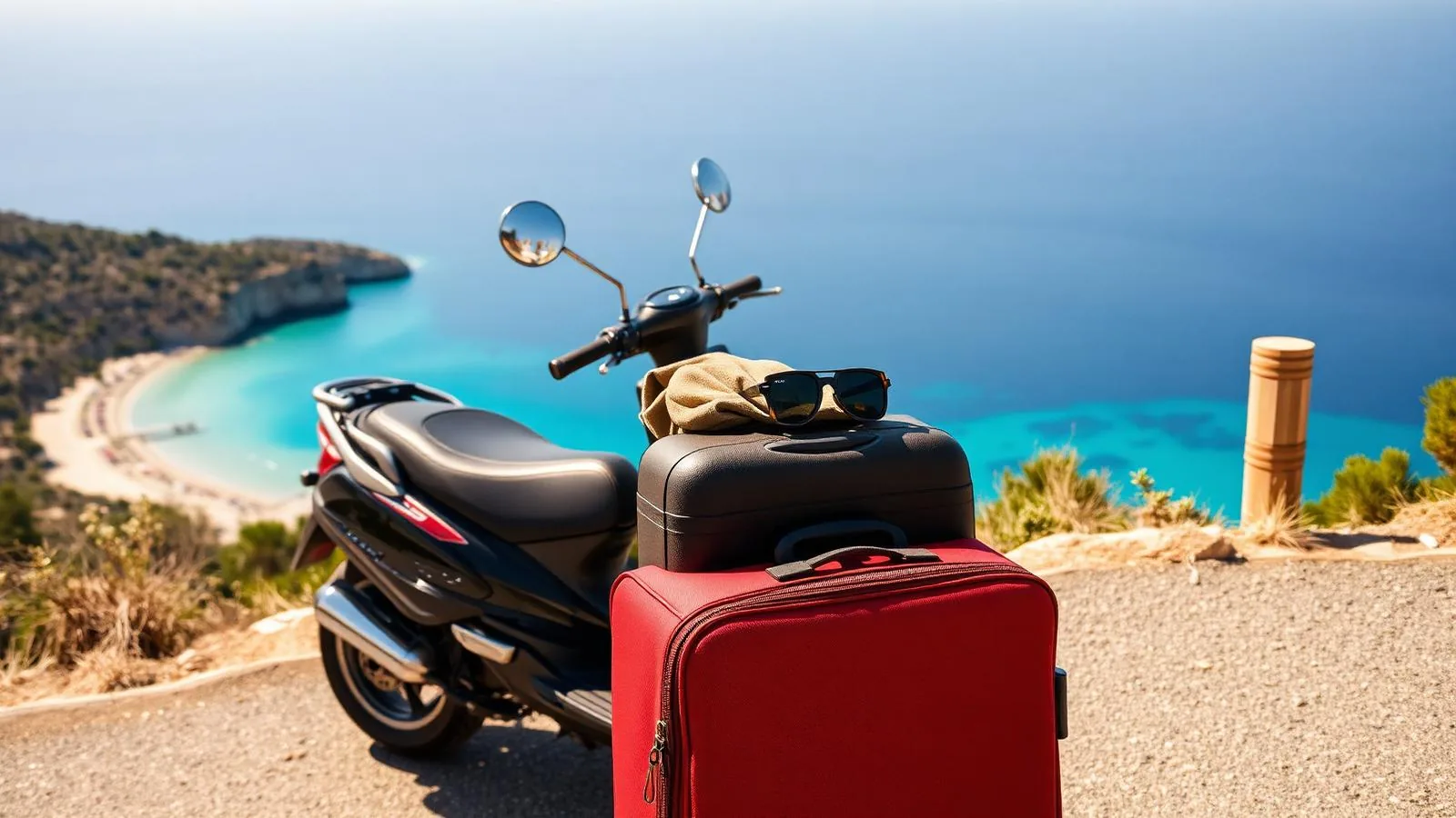 Gepackter Koffer und Sonnenbrille an einer Küstenstraße über einer Bucht auf Mallorca
