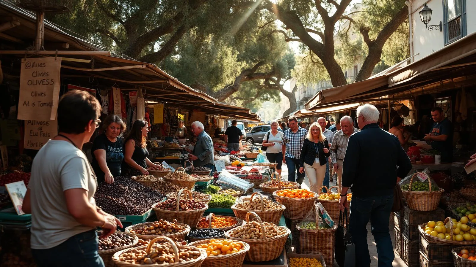 Wochenmarkt auf Mallorca mit Ständen voller Oliven, Mandeln und Obst im Morgenlicht