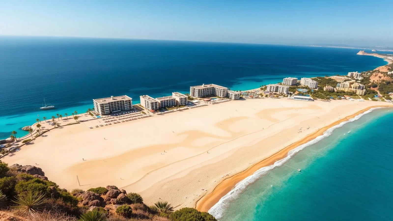 Weite Sandbucht von Magaluf im Südwesten Mallorcas mit Hotelzeile, türkisem Wasser und felsigen Landzungen