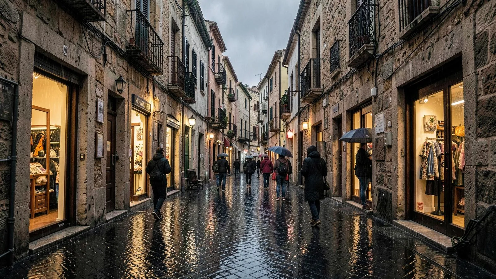 Regennasse Altstadtgasse in Palma de Mallorca mit beleuchteten Schaufenstern, Spiegelungen im Pflaster und Passanten mit Regenschirmen