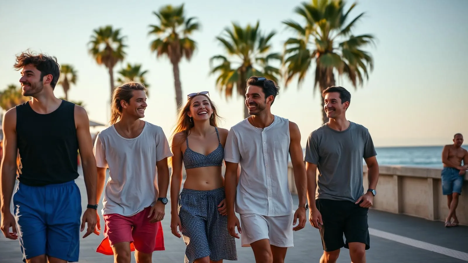 Junge Reisende auf der Promenade an der Playa de Palma auf Mallorca im Nachmittagslicht