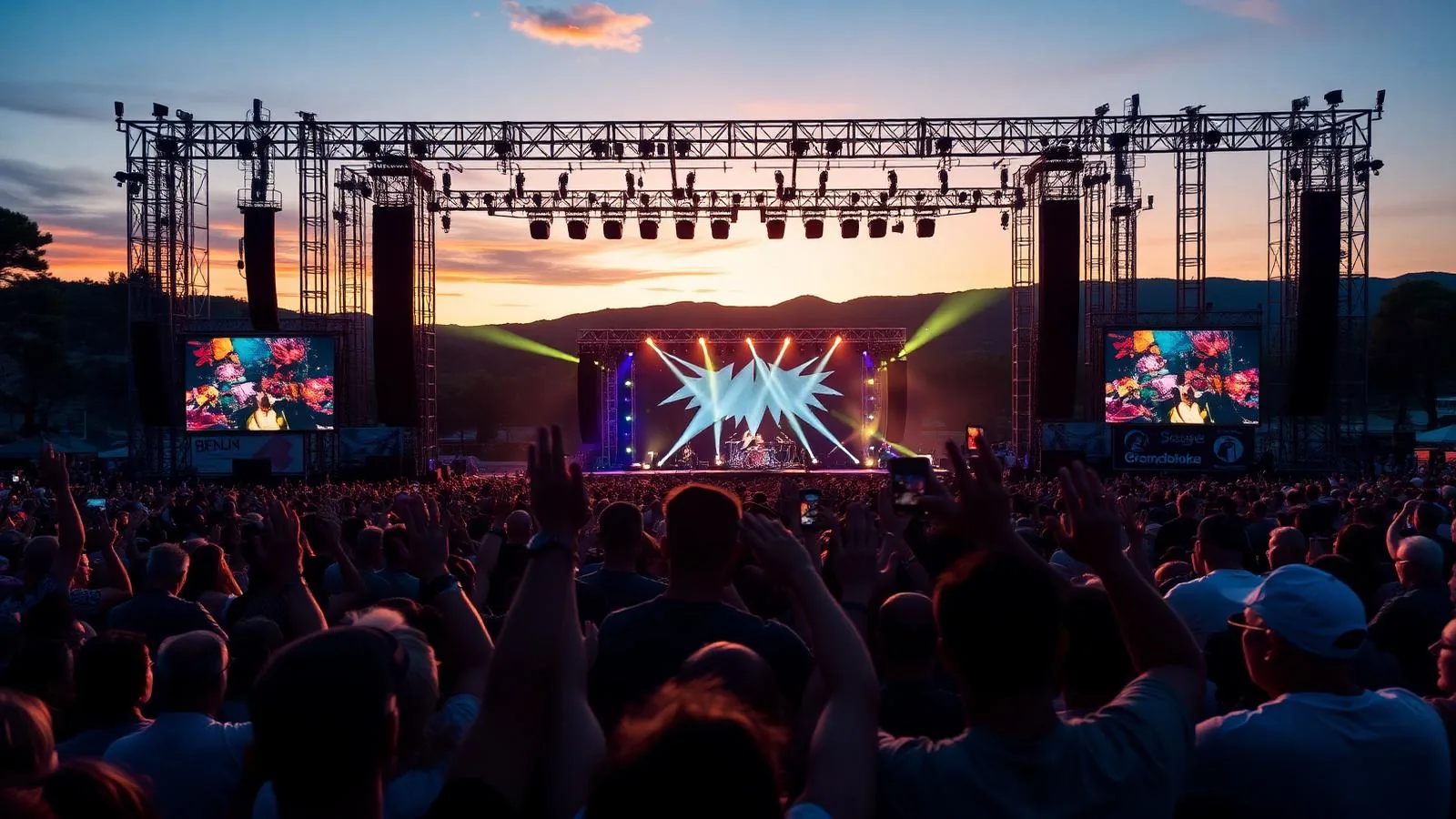 Hauptbühne des Mallorca Live Festivals in Calvià mit Lichtshow und Publikum in der Abenddämmerung