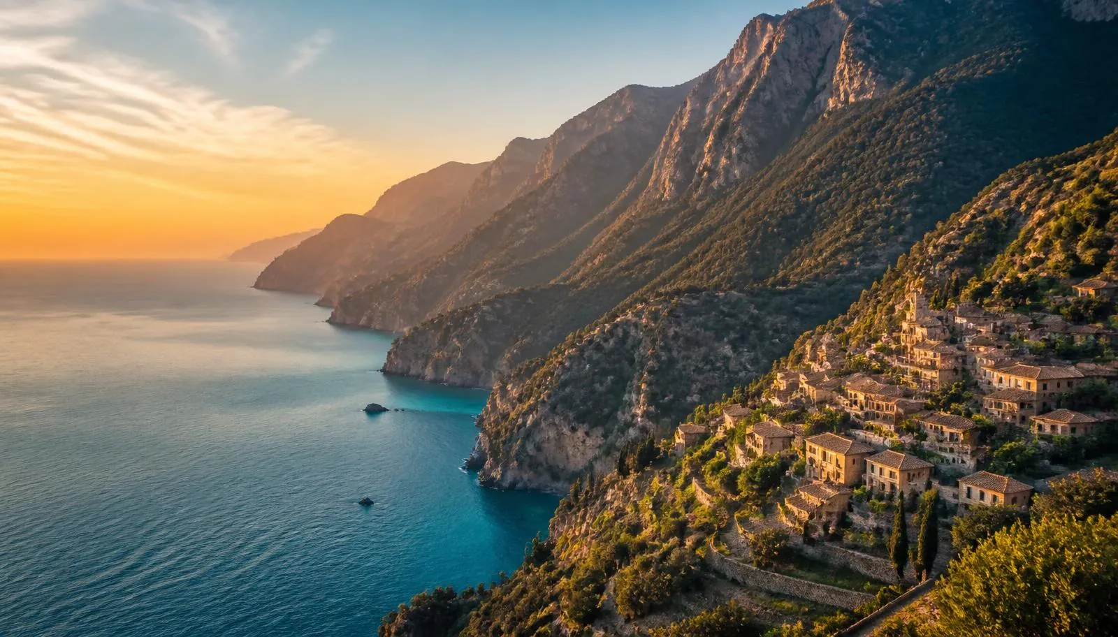 Küste der Serra de Tramuntana auf Mallorca im Abendlicht mit einem Bergdorf über dem Meer