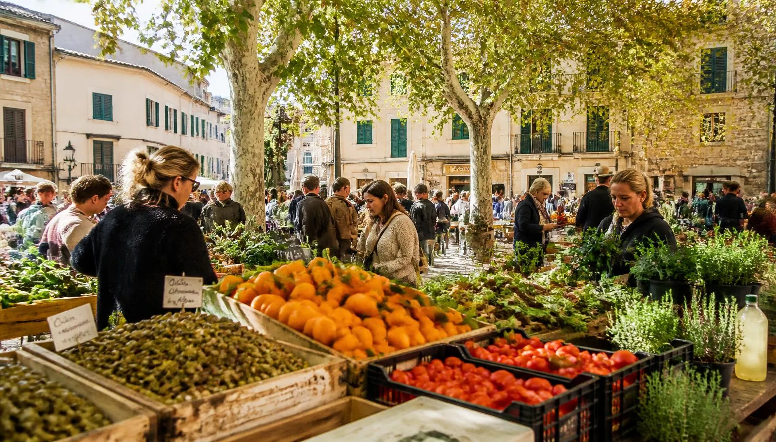Wochenmarkt in einem Dorf auf Mallorca mit Ständen voller Obst und Gemüse