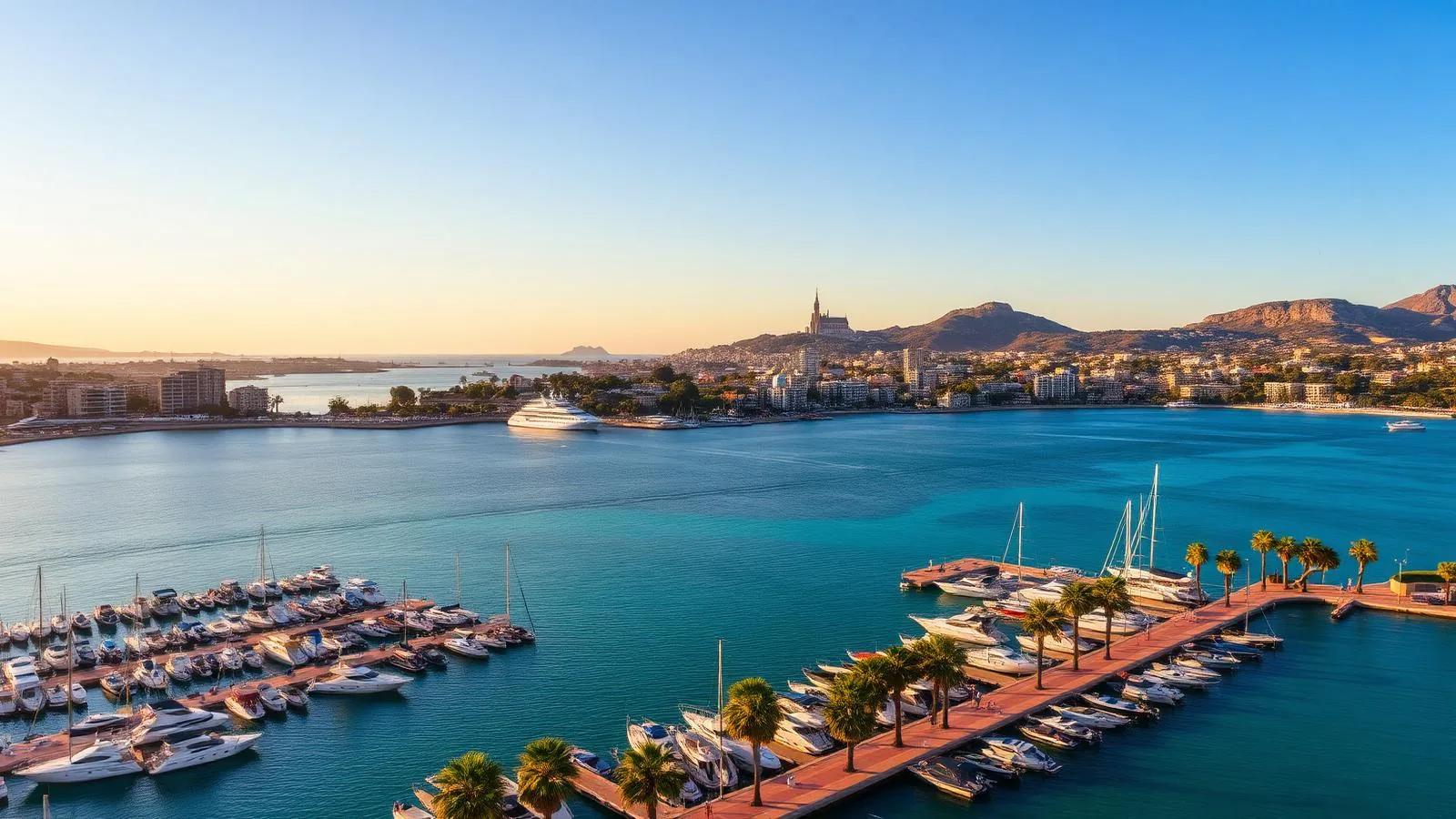 Yachthafen und Bucht von Palma im Südwesten Mallorcas im Abendlicht, dahinter die Stadtsilhouette