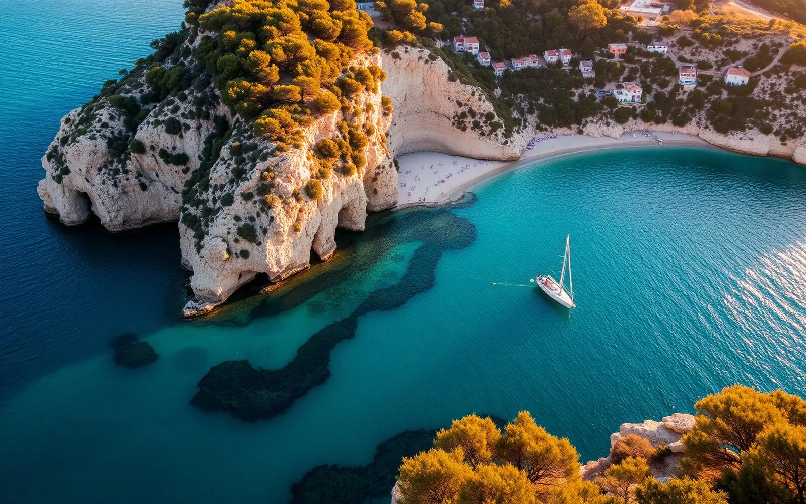Küste von Mallorca mit türkisfarbenem Wasser, Kalkfelsen und einer kleinen Sandbucht