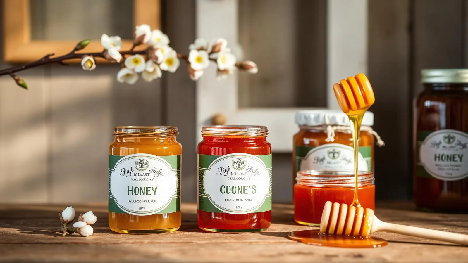 Gläser mit mallorquinischem Honig und Feigen- sowie Orangenkonfitüre.