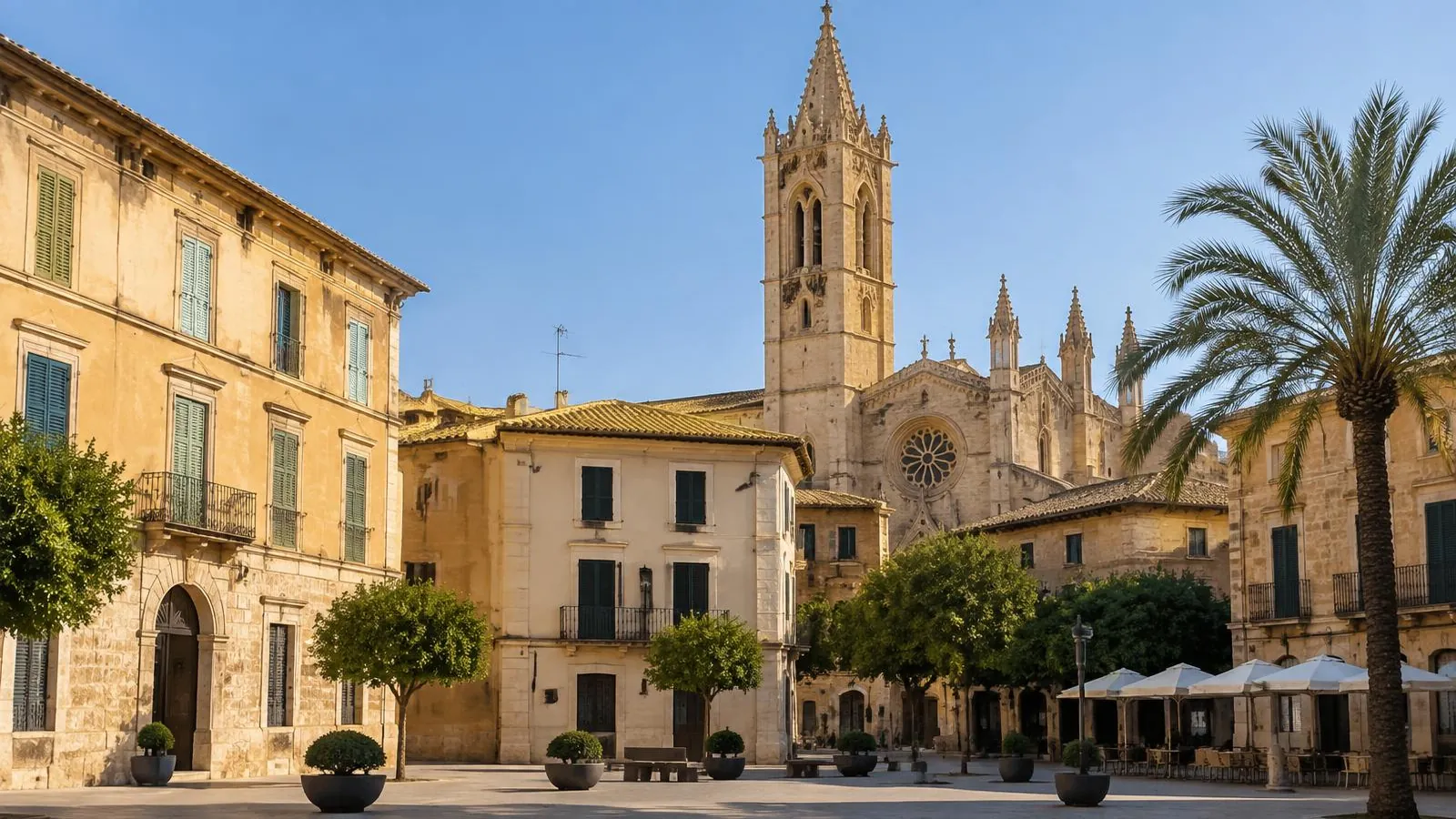 Stadtzentrum von Manacor auf Mallorca mit gotischem Kirchturm über ockerfarbenen Stadthäusern und ruhigem Platz