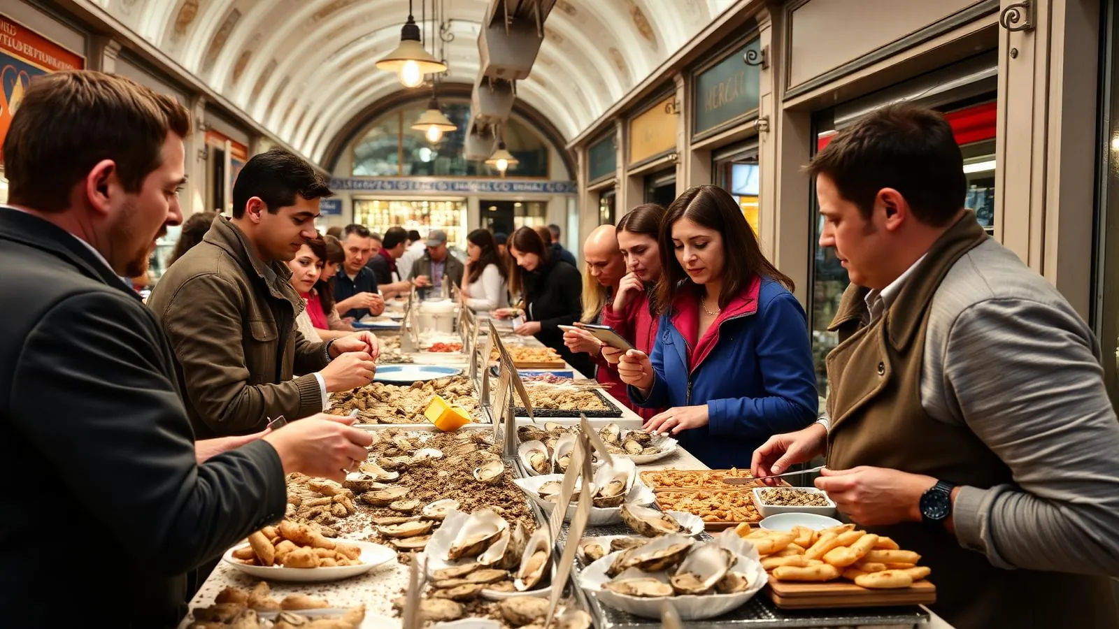 Gäste an einem Meeresfrüchtestand in einer Markthalle in Palma mit Austern und Tapas