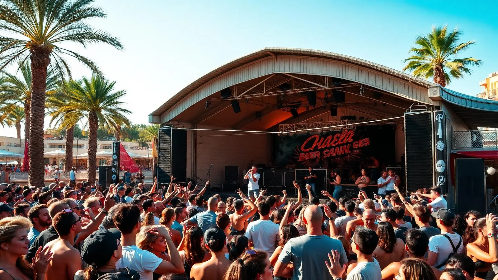 Saisonauftakt an der Playa de Palma auf Mallorca: volles Partyzelt mit Bühne und Livemusik