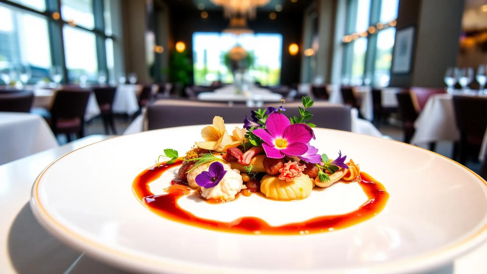 Kunstvoll angerichtetes Fine-Dining-Gericht mit essbaren Blüten in einem Sternerestaurant auf Mallorca