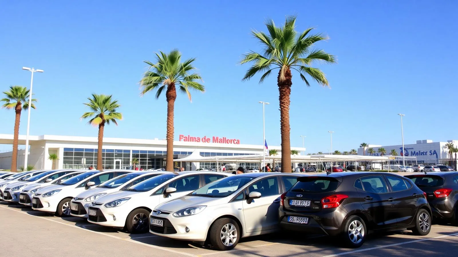 Reihe von Mietwagen auf dem Parkdeck am Flughafen Palma de Mallorca mit Terminal und Palmen