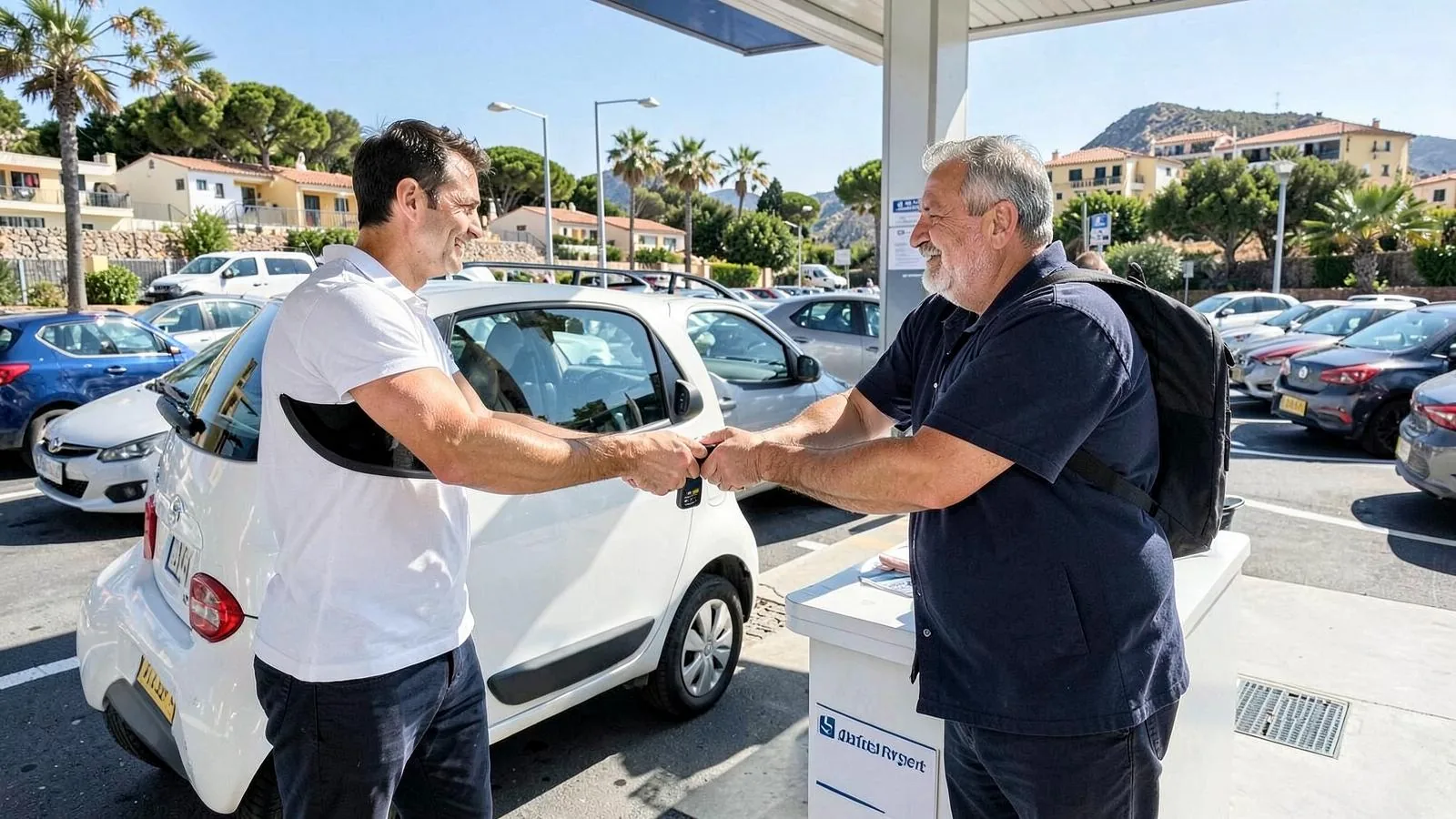 Schlüsselübergabe an einer Mietwagenstation auf Mallorca vor einem weißen Kleinwagen mit Zahlungsterminal auf dem Tresen