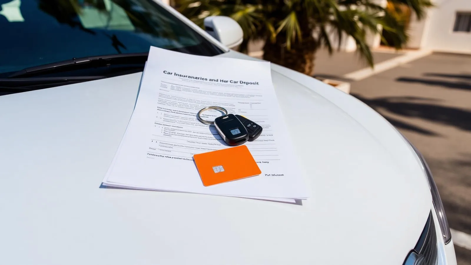 Mietvertrag, Autoschlüssel und Kreditkarte auf der Motorhaube eines weißen Mietwagens auf Mallorca