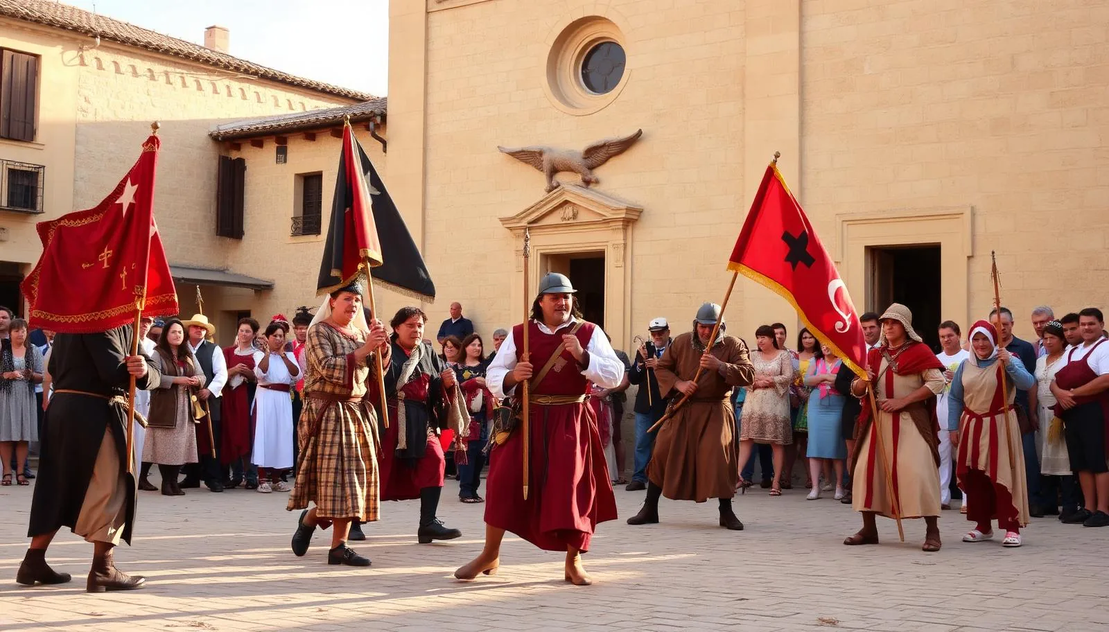Darsteller in Mauren- und Christenkostümen mit Fahnen auf einem Dorfplatz vor einer Kirche auf Mallorca