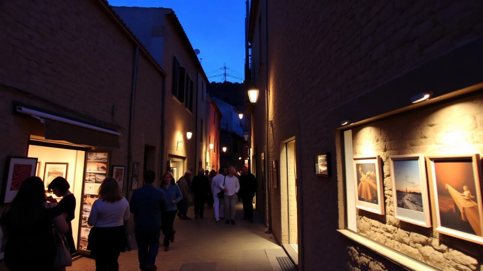 Nit de l'Art Kunstnacht in einer beleuchteten Gasse in Felanitx auf Mallorca.