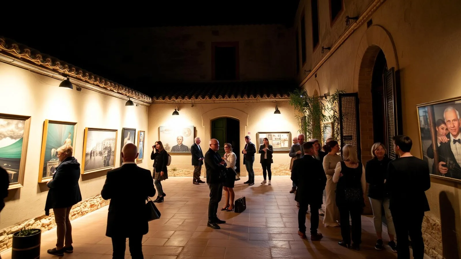 Nit de l'Art in Palma de Mallorca: beleuchteter Innenhof mit Kunstwerken und Besuchern am Abend