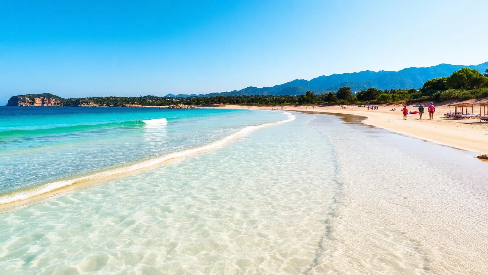 Flach abfallender Sandstrand in der Bucht von Alcúdia im Norden Mallorcas mit klarem, seichtem Wasser