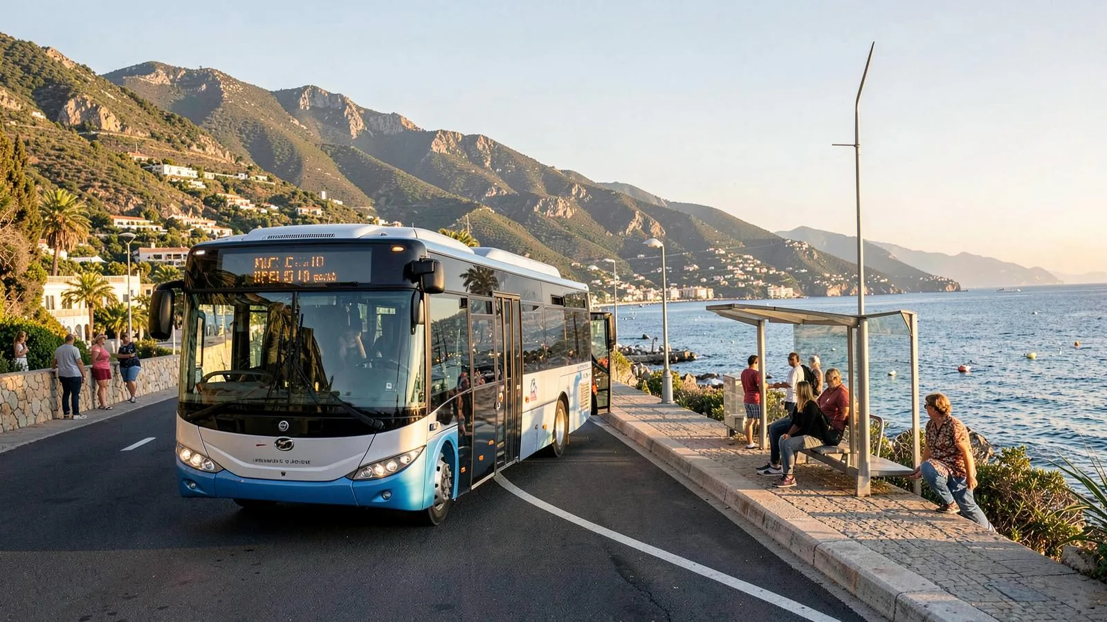 Linienbus an einer Haltestelle an der mallorquinischen Küstenstraße mit wartenden Fahrgästen und Bergen im Hintergrund
