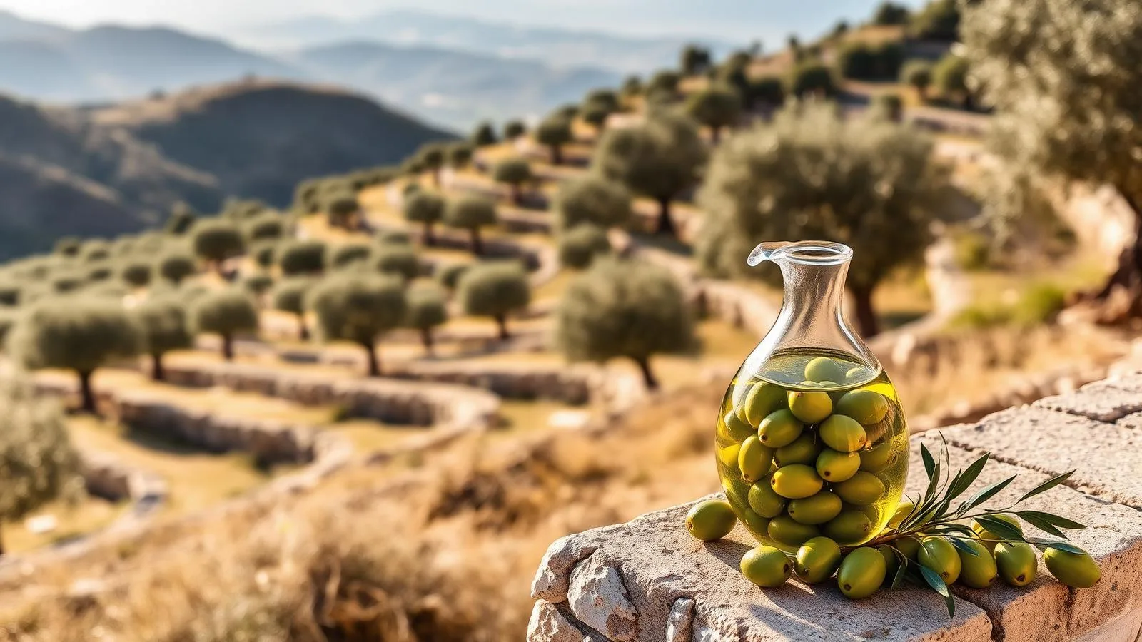 Oli de Mallorca mit frisch geernteten Oliven vor Olivenhainen der Tramuntana.