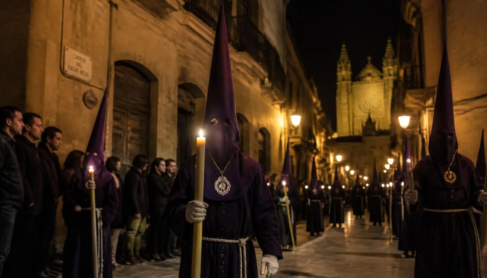 Osterprozession mit Kerzenlicht durch die Altstadtgassen von Palma de Mallorca zur Karwoche