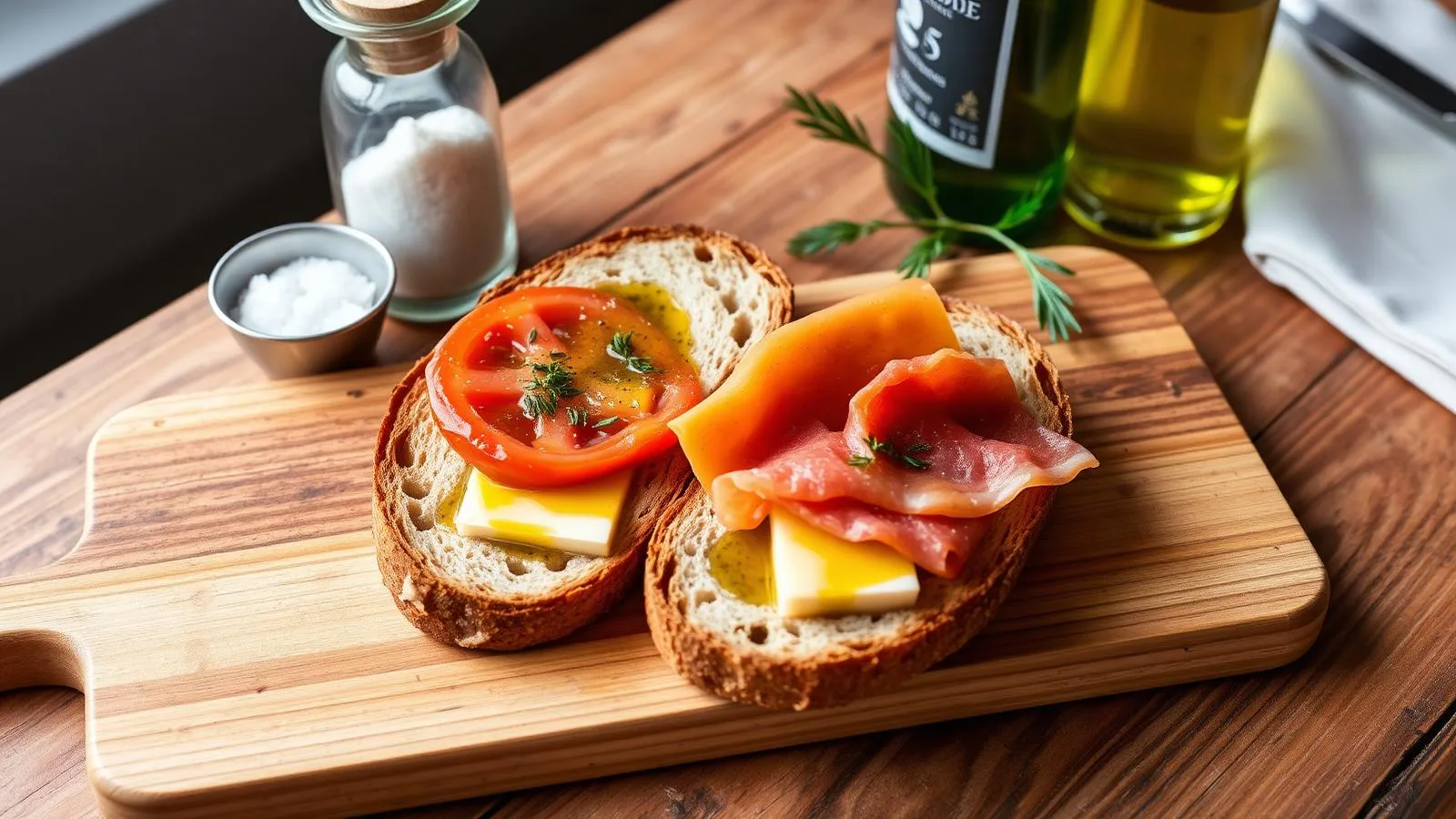 Pa amb oli mit mallorquinischem Landbrot, Ramallet-Tomate und Olivenöl.
