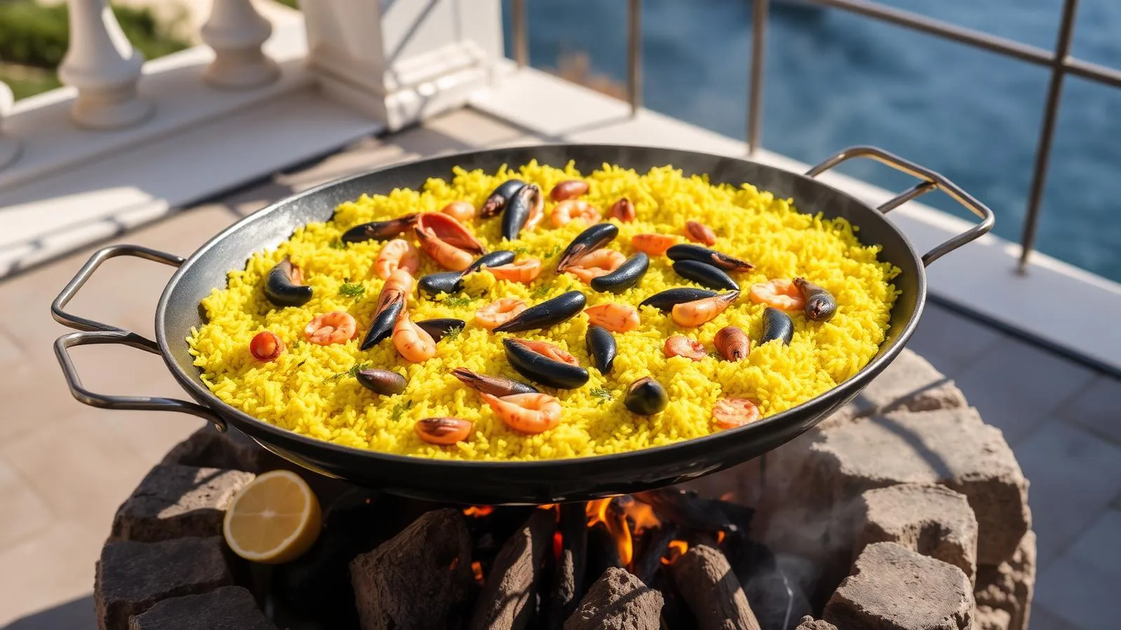 Paella mit Meeresfrüchten in der Pfanne auf einer Terrasse am Meer.