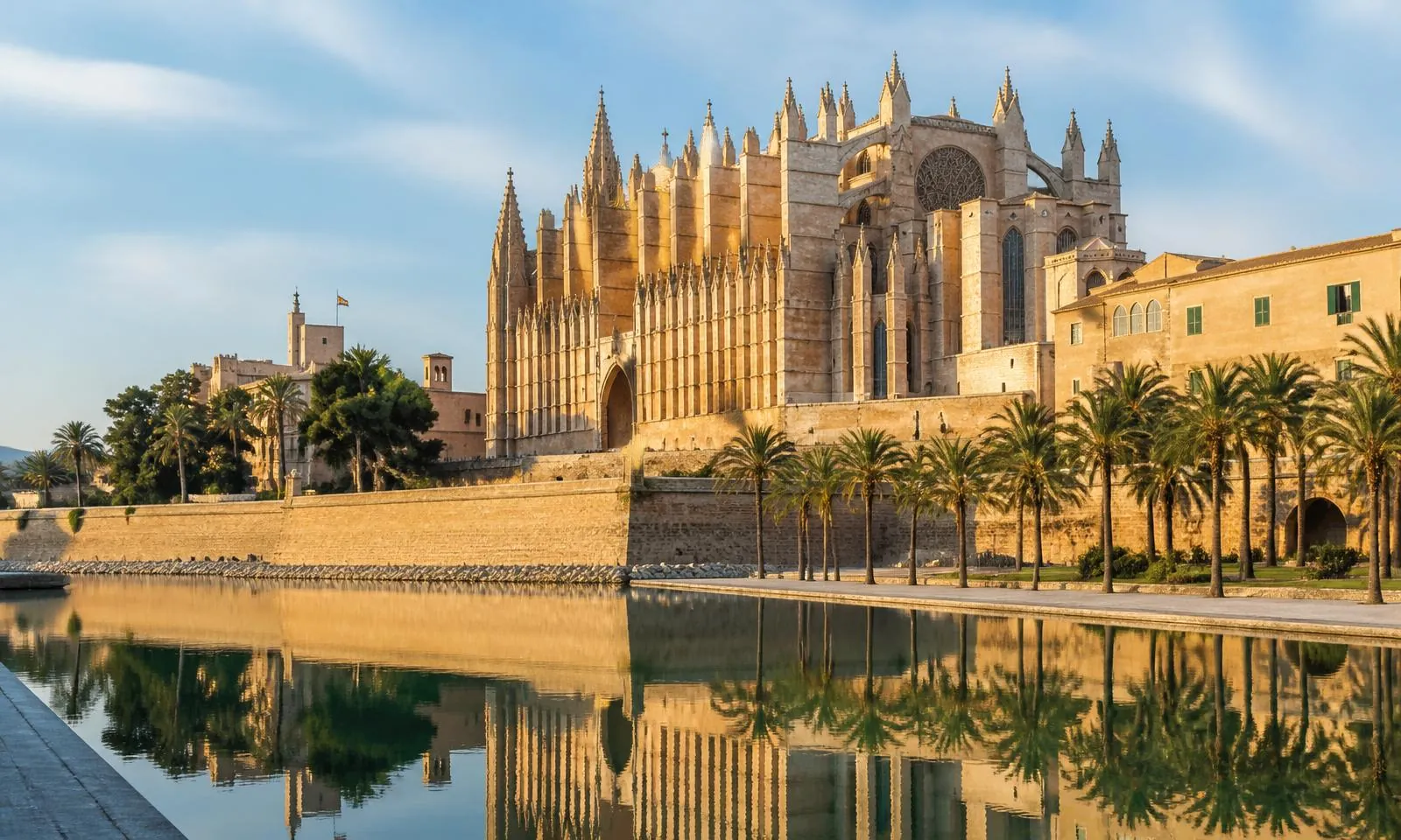 Kathedrale La Seu in Palma de Mallorca mit Stadtmauer, Palmen und Spiegelung im Parc de la Mar