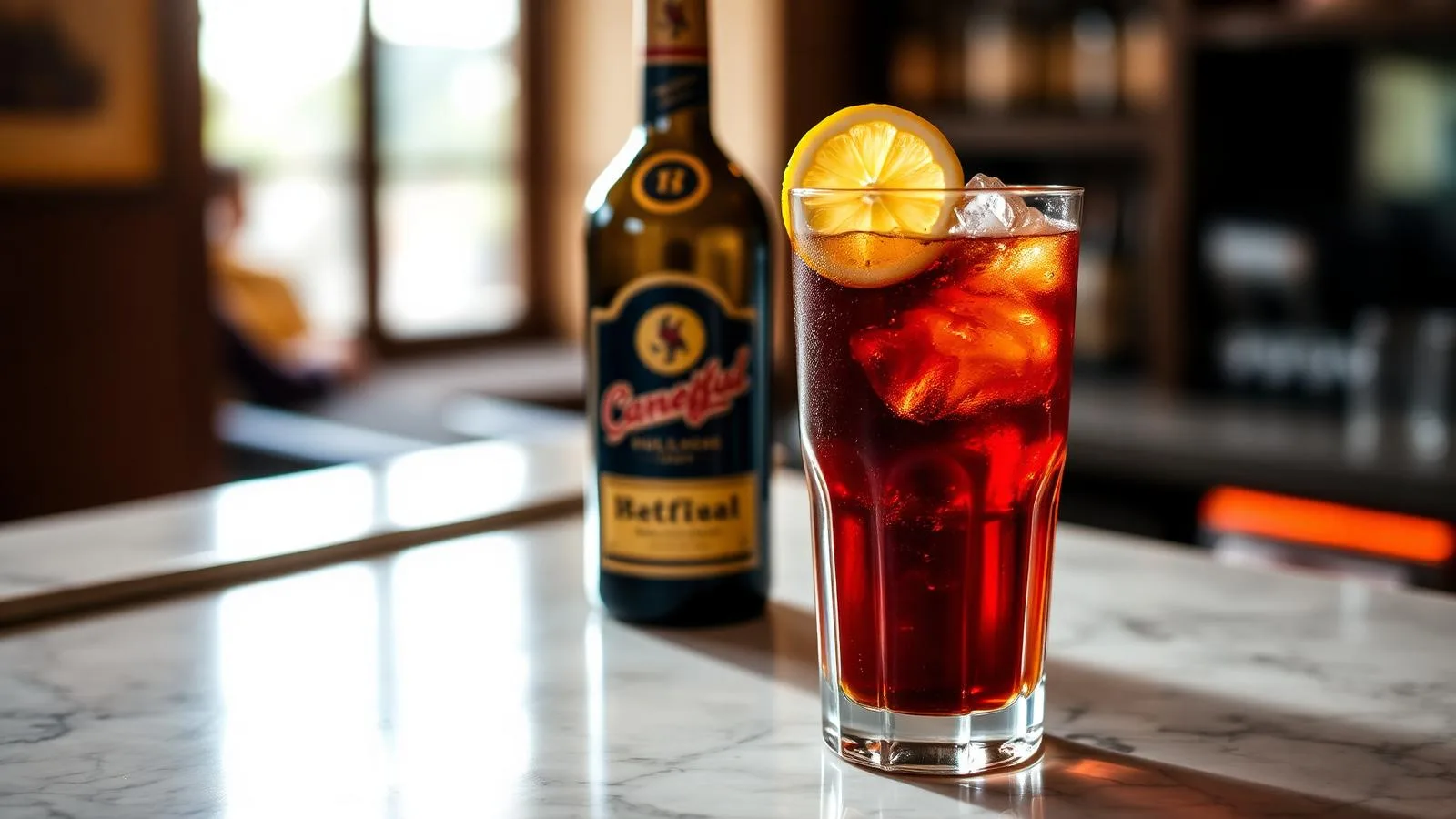 Palo de Mallorca als Aperitif mit Soda, Eis und Zitronenscheibe an der Bar.