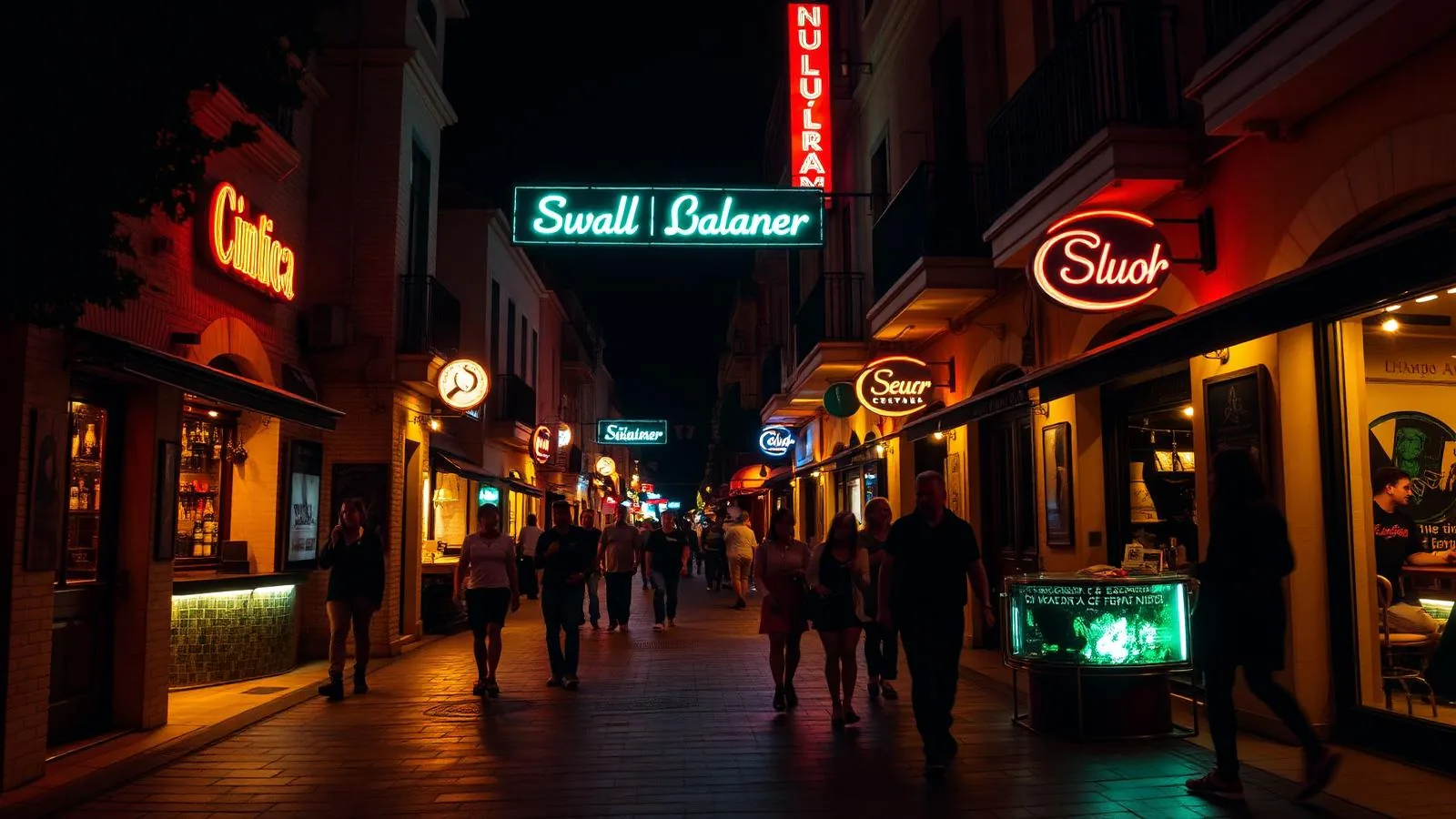 Ausgehmeile auf Mallorca bei Nacht mit beleuchteten Bars und Menschen auf der Straße