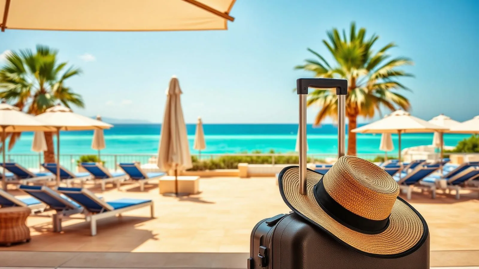 Hotelterrasse auf Mallorca mit Liegen, Sonnenschirmen, Koffer und Strohhut vor türkisem Meer