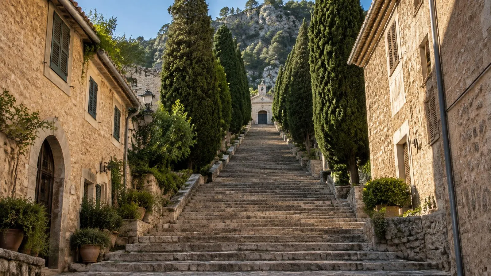 Calvari-Treppe in der Altstadt von Pollença auf Mallorca mit Zypressen, Natursteinhäusern und Kapelle am oberen Ende