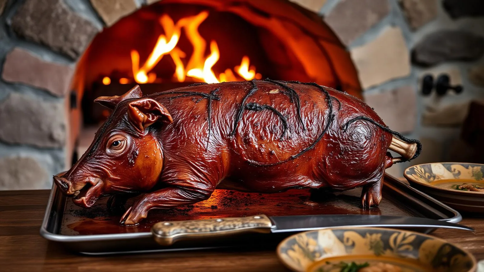 Porcella, mallorquinisches Spanferkel mit knuspriger Kruste, vor dem Holzofen.