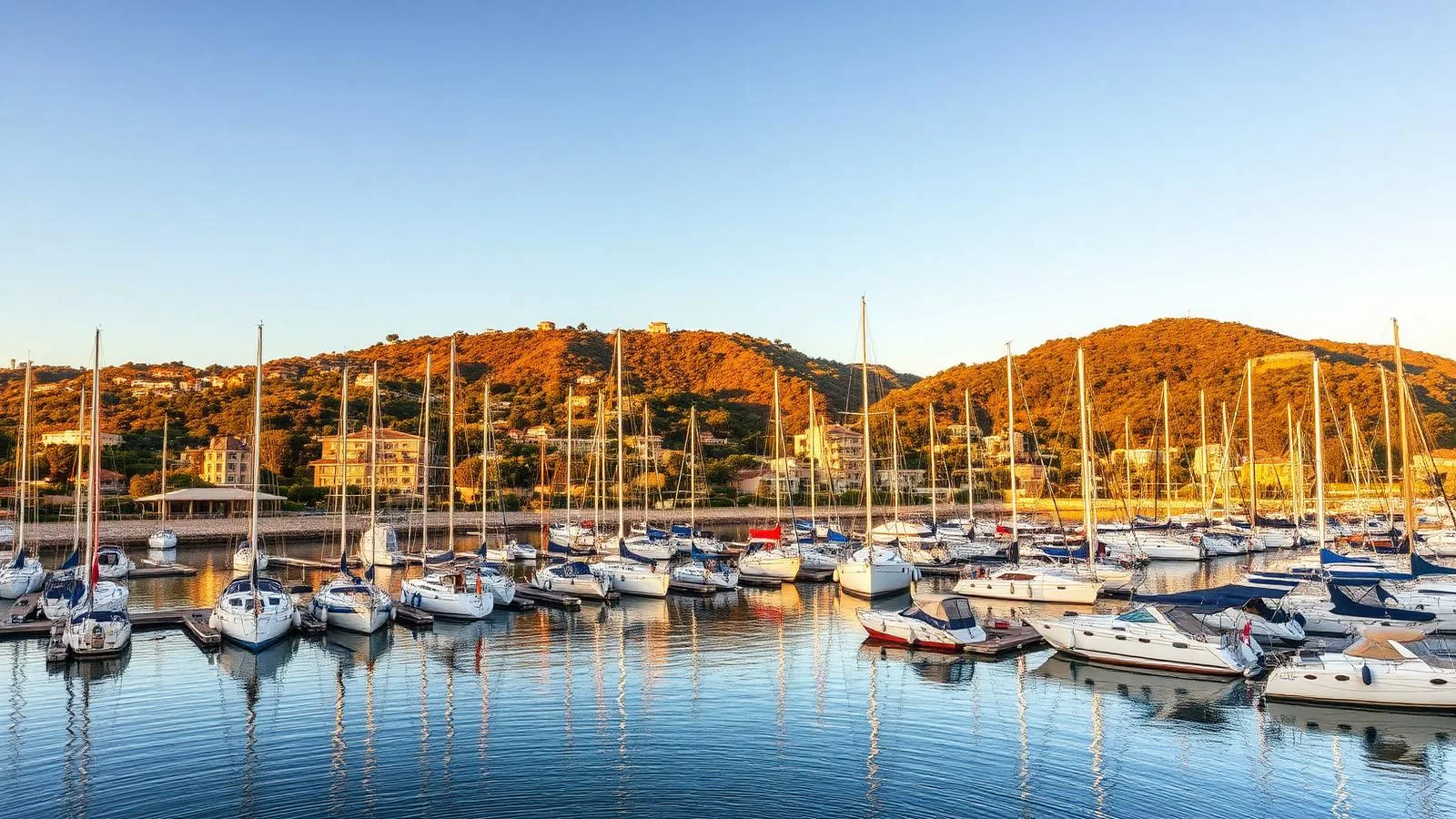 Yachthafen von Port d'Andratx im Südwesten Mallorcas mit Segelbooten und villenbesetzten Hügeln im Abendlicht