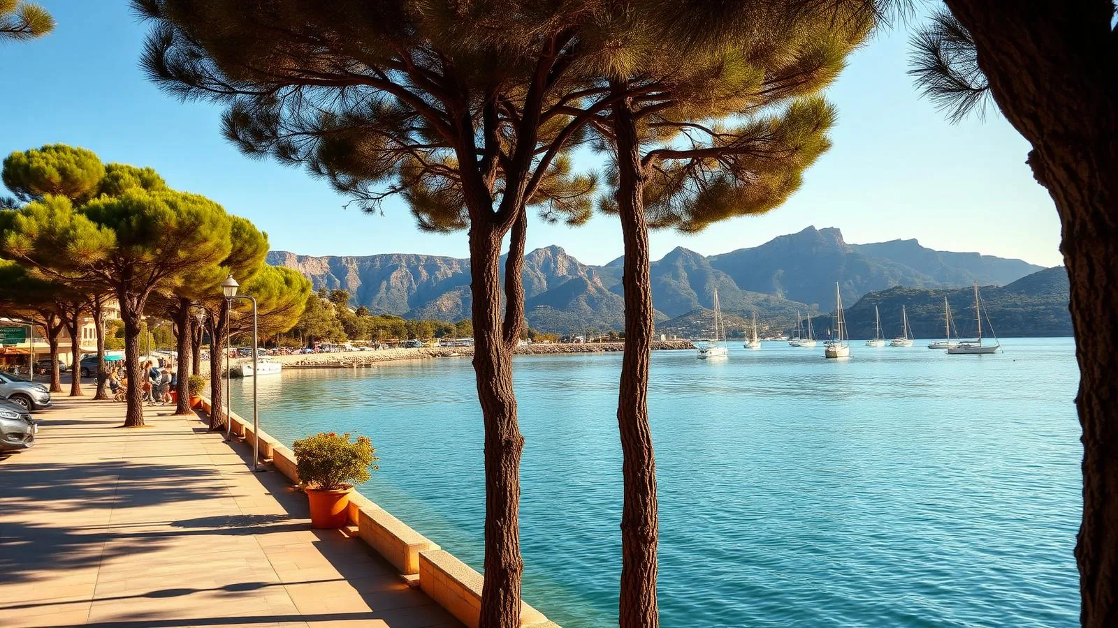 Pinienpromenade von Port de Pollença im Norden Mallorcas mit ruhiger Bucht, Segelbooten und der Tramuntana im Hintergrund