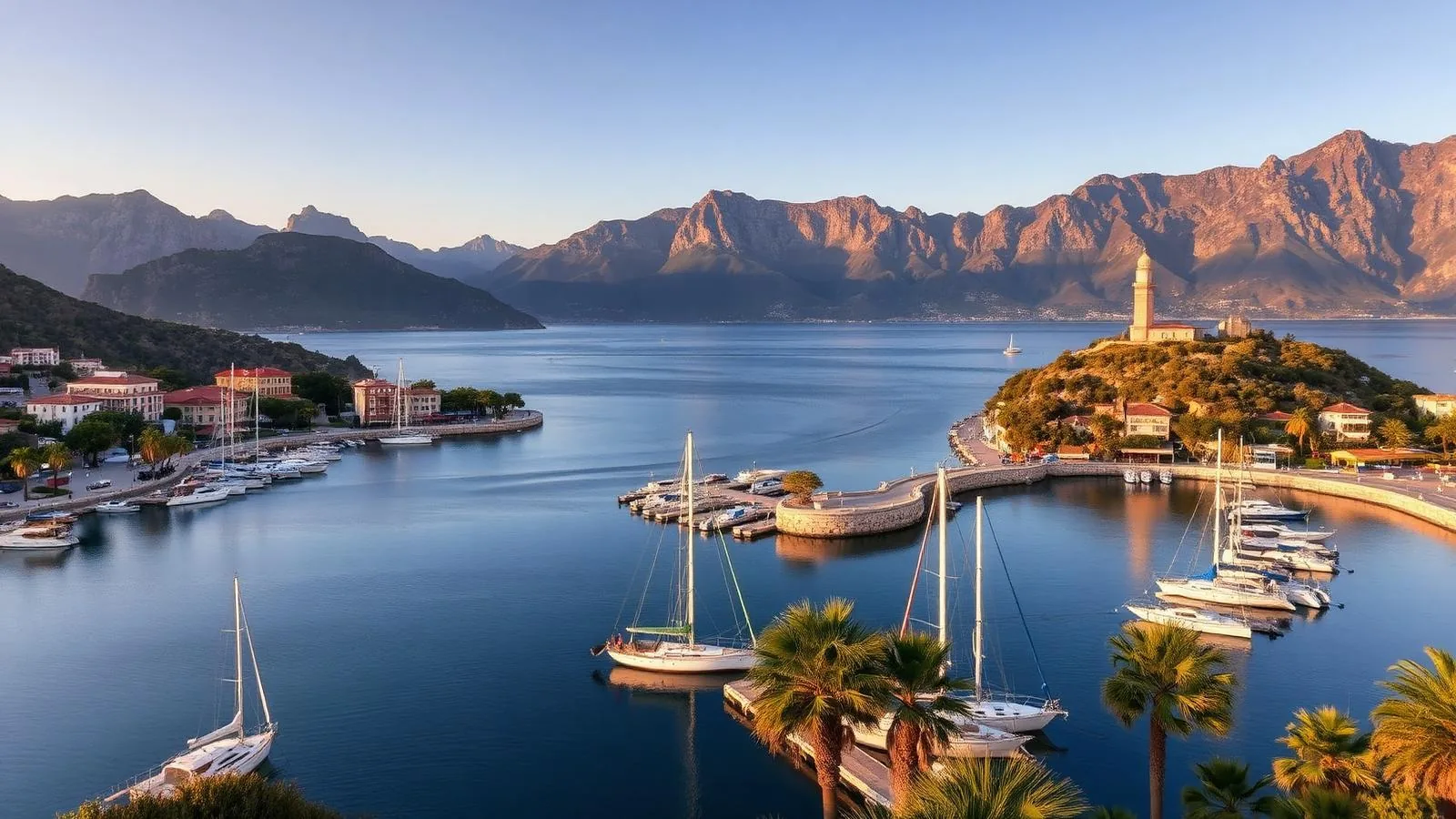 Runde Hafenbucht von Port de Sóller auf Mallorca mit Segelbooten, Promenade und Tramuntana-Bergen