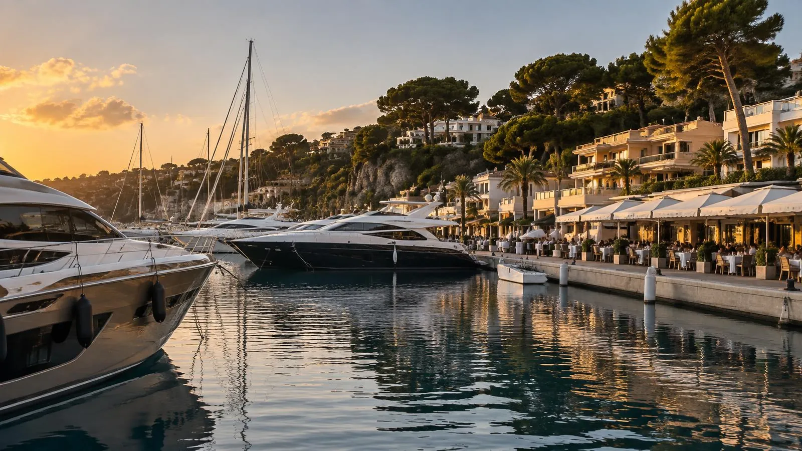 Yachthafen Puerto Portals bei Portals Nous auf Mallorca mit Motoryachten, Stegen und Restaurants im Abendlicht