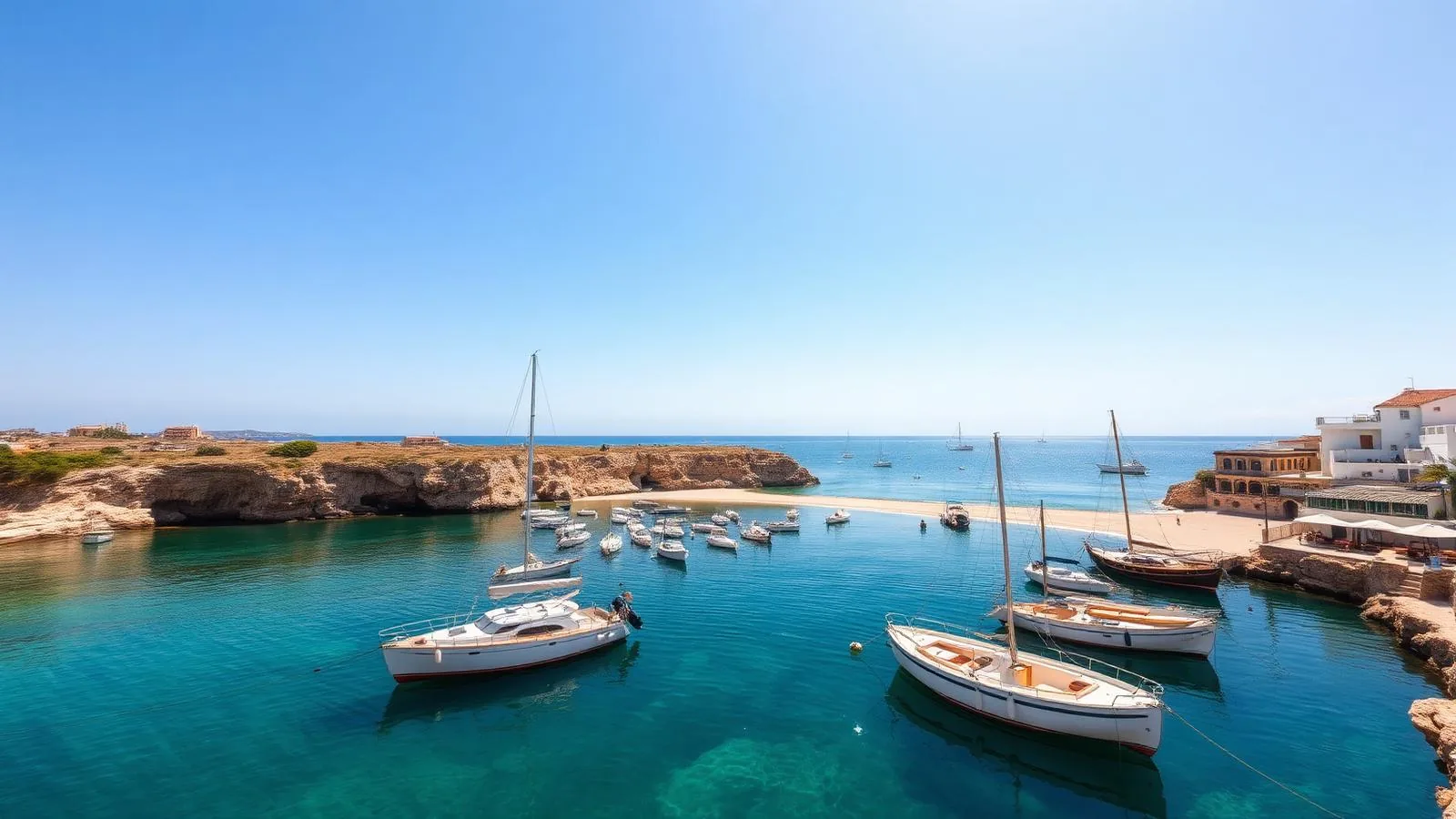 Geschützte Hafenbucht von Porto Cristo an der Ostküste Mallorcas mit Booten, Sandstrand und niedrigen Felsufern