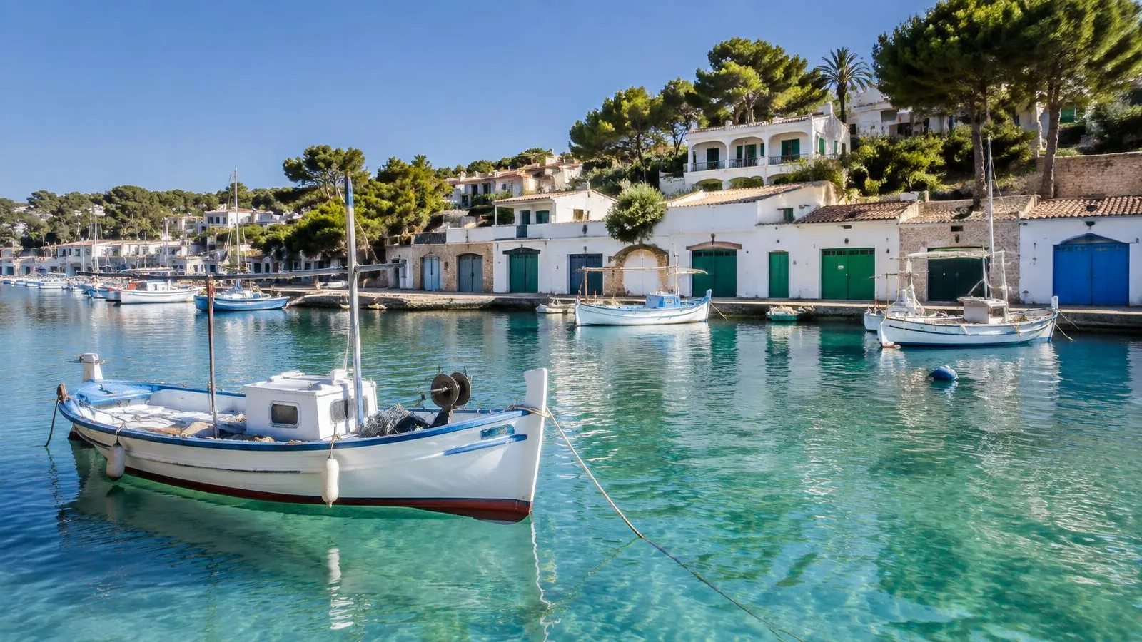 Naturhafen von Portocolom auf Mallorca mit bunten Bootshäusern, Fischerbooten und klarem türkisfarbenem Wasser