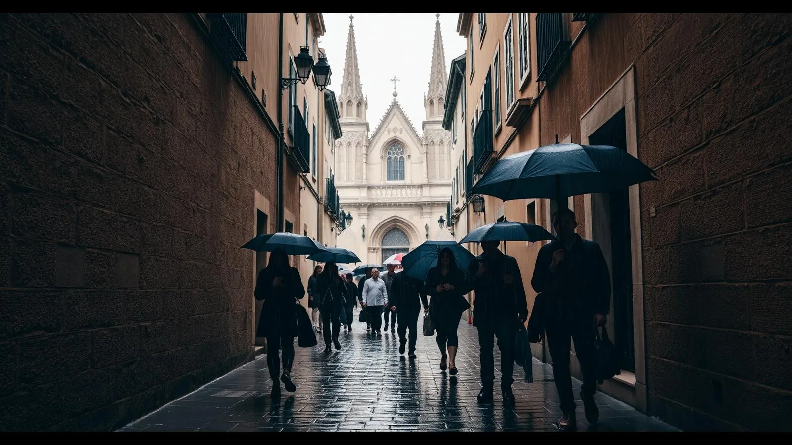 Regen in einer Altstadtgasse von Palma de Mallorca mit Blick auf die Kathedrale.