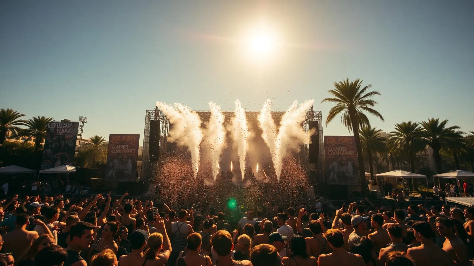 Reggaeton Beach Festival auf Mallorca: Bühne am Strand mit tanzendem Publikum bei Sonnenuntergang
