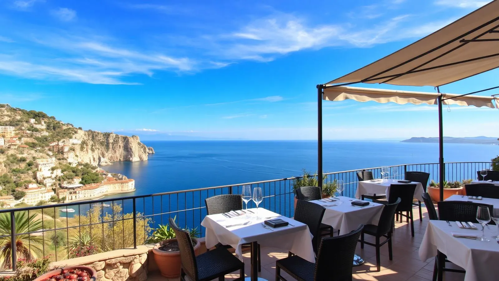 Restaurantterrasse mit Panoramablick über das Mittelmeer an der Tramuntanaküste bei Deià